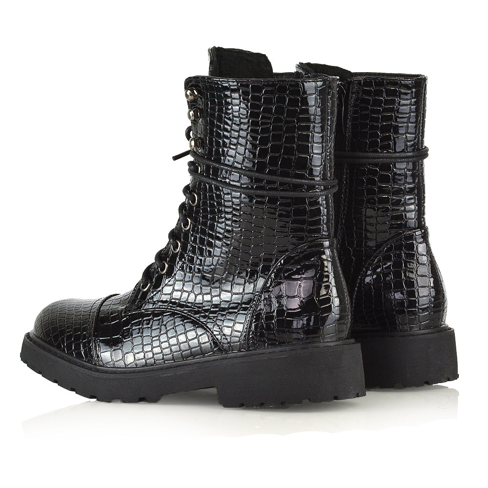 River Lace Up Military Combat Zip-up Flat Ankle Biker Boots In Black Synthetic Leather