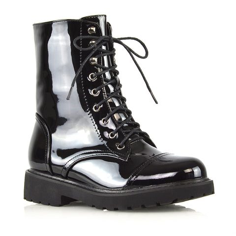 River Lace Up Military Combat Zip-up Flat Ankle Biker Boots In Black Synthetic Leather