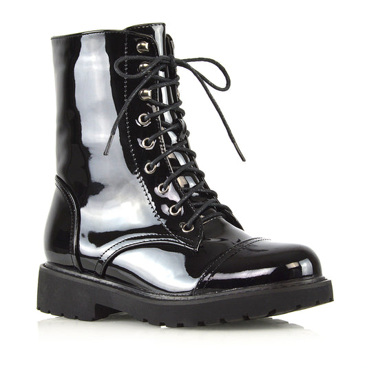 black patent | XY London | ankle boots,boots,biker boots,lace up boots,combat boots,patent boots,zip up boots
