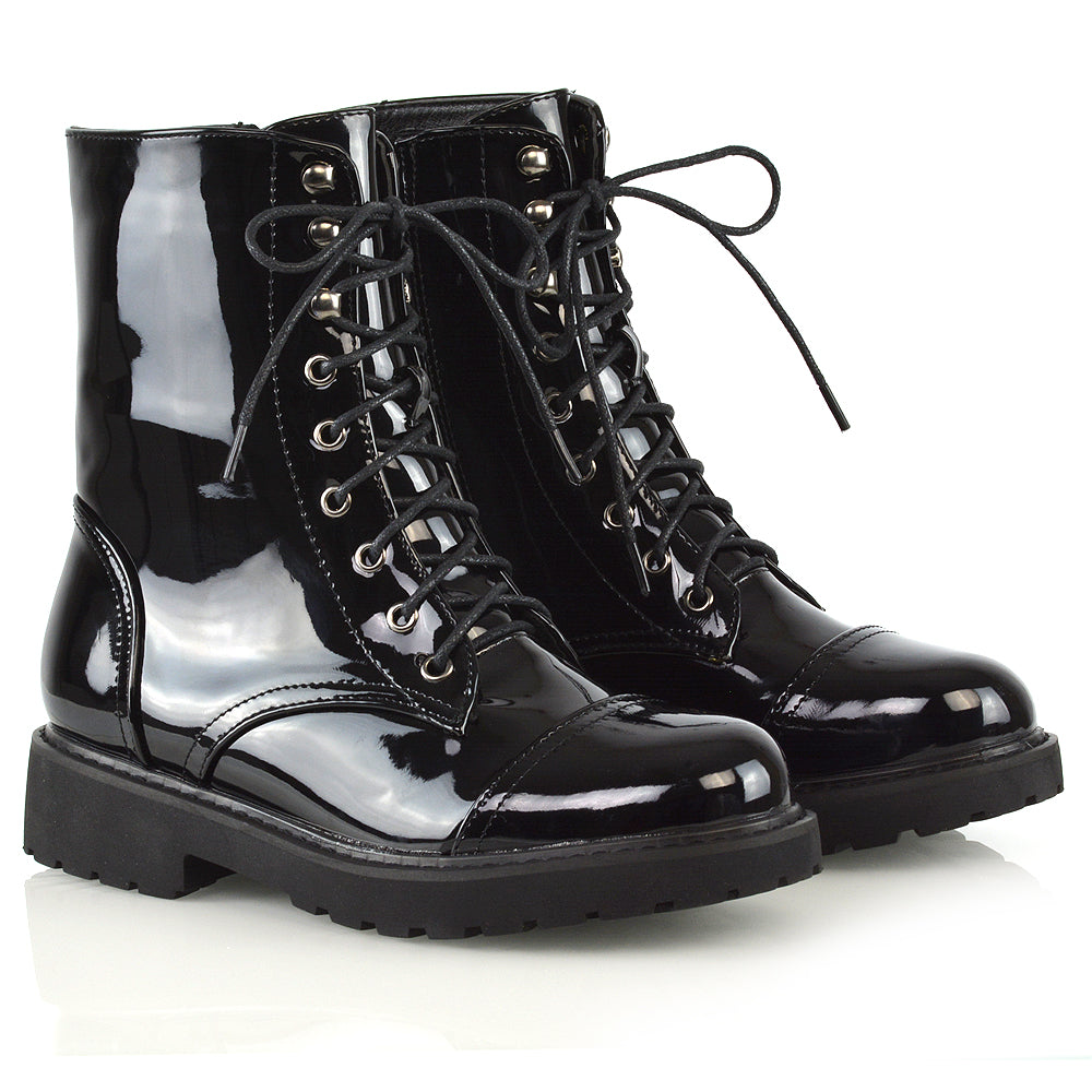 River Lace Up Military Combat Zip-up Flat Ankle Biker Boots In Black Synthetic Leather