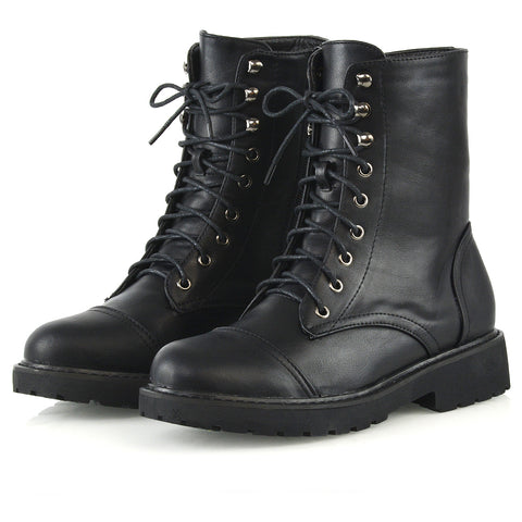 River Lace Up Military Combat Zip-up Flat Ankle Biker Boots In Black Synthetic Leather