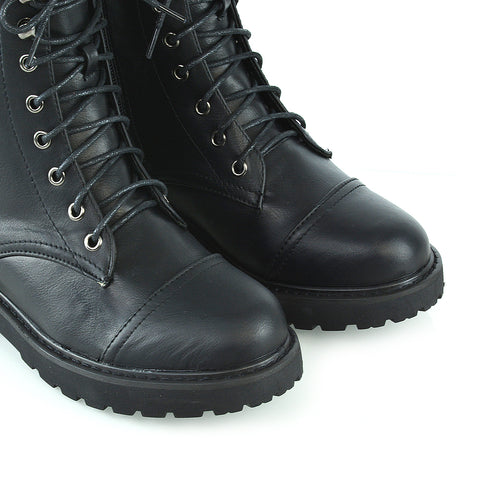 River Lace Up Military Combat Zip-up Flat Ankle Biker Boots In Black Synthetic Leather