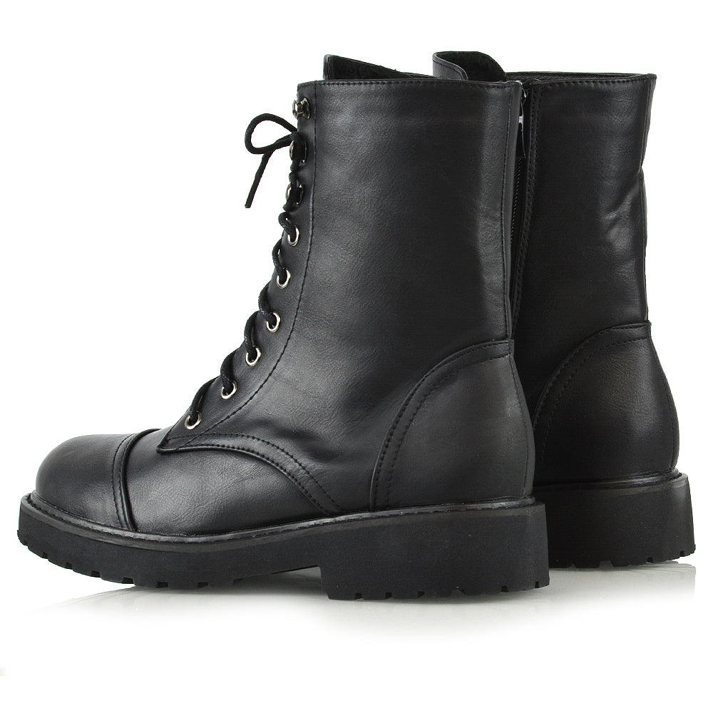 River Lace Up Military Combat Zip-up Flat Ankle Biker Boots In Black Synthetic Leather