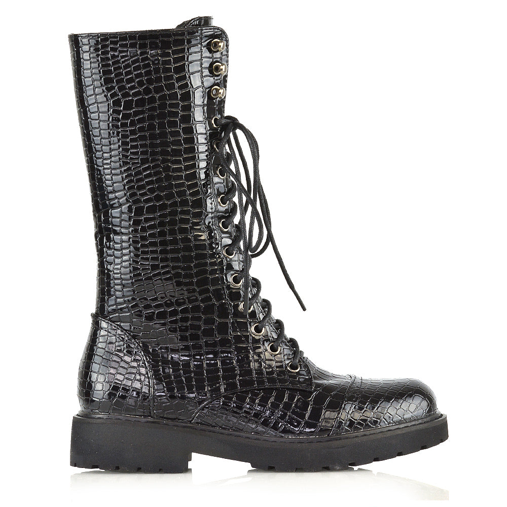 Mulan Knee High Chunky Mid-Calf Military Lace up Combat Boots in Black Synthetic Leather