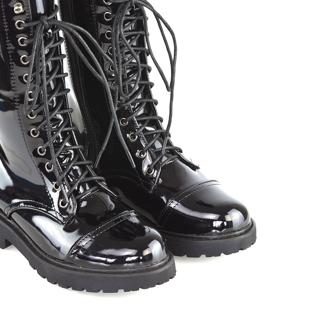 Mulan Knee High Chunky Mid-Calf Military Lace up Combat Boots in Black Synthetic Leather