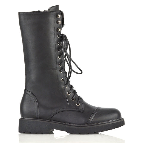 Mulan Knee High Chunky Mid-Calf Military Lace up Combat Boots in Black Synthetic Leather