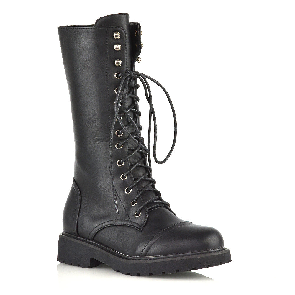 Mulan Knee High Chunky Mid-Calf Military Lace up Combat Boots in Black Synthetic Leather