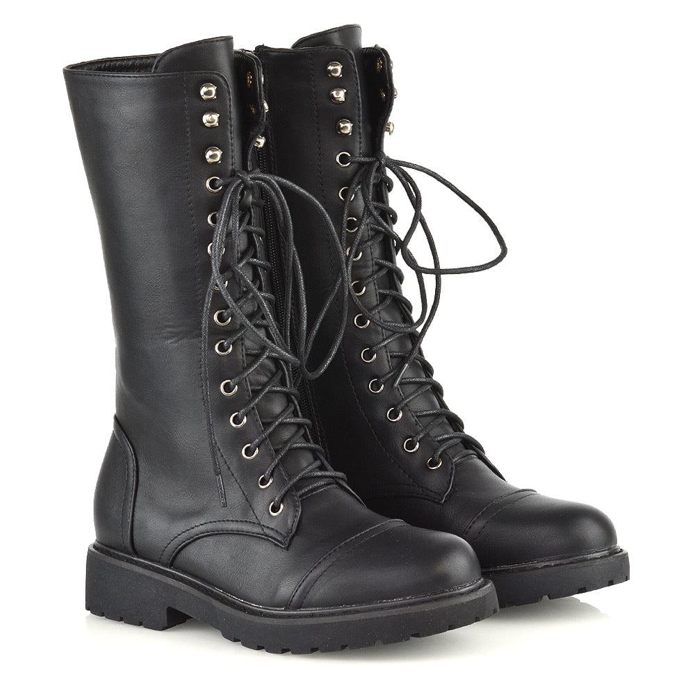 black synthetic leather | XY London | biker boots,mid calf high boots,military chunky sole boots in black,lace up boots,chunky sole military boots
