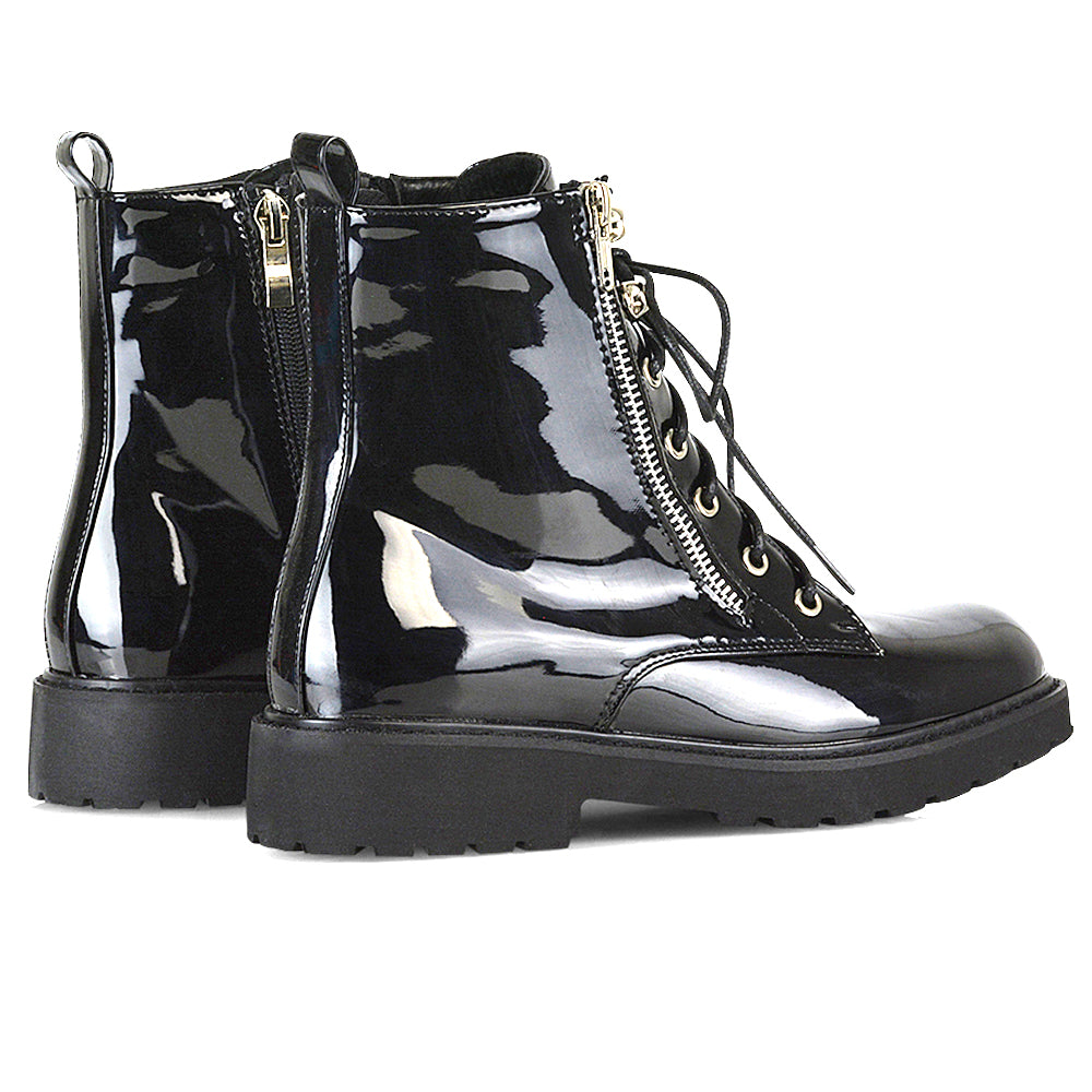 Halsey Flat Zip up Detail Chunky Sole Lace up Biker Ankle Boots In Black Patent