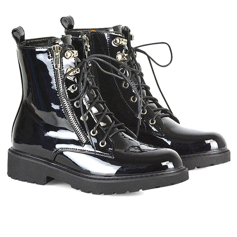 Halsey Flat Zip up Detail Chunky Sole Lace up Biker Ankle Boots In Black Patent
