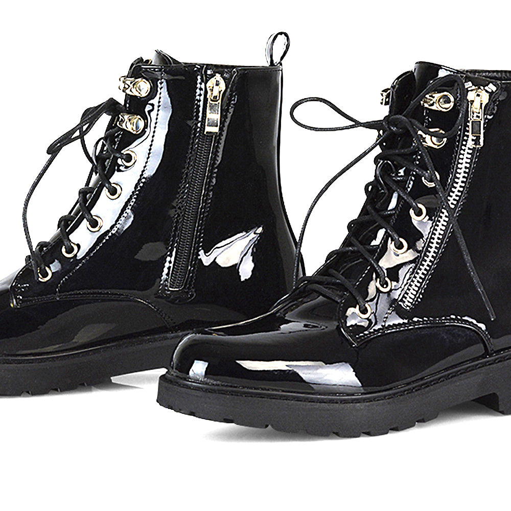 Halsey Flat Zip up Detail Chunky Sole Lace up Biker Ankle Boots In Black Patent
