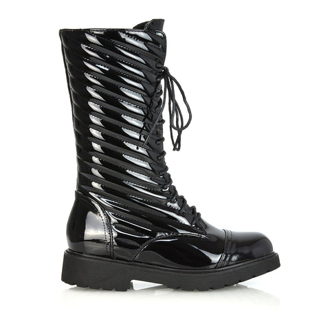 Meadow Padded Detail Zip-up Flat Biker Lace up Ankle Combat Boots in Black Patent