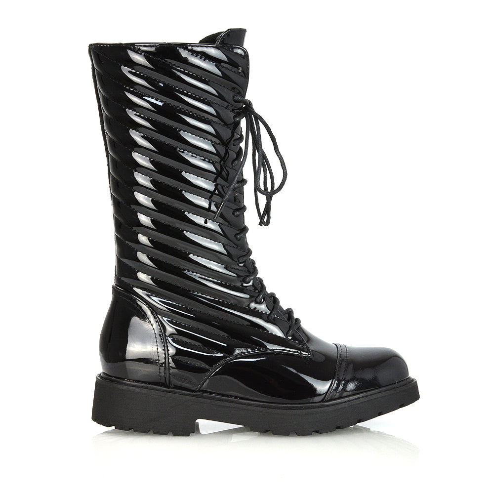 Meadow Padded Detail Zip-up Flat Biker Lace up Ankle Combat Boots in Black Synthetic Leather