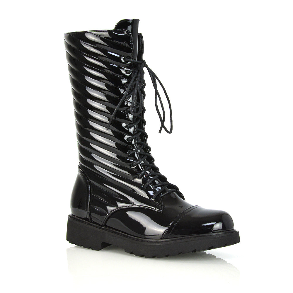 Meadow Padded Detail Zip-up Flat Biker Lace up Ankle Combat Boots in Black Patent