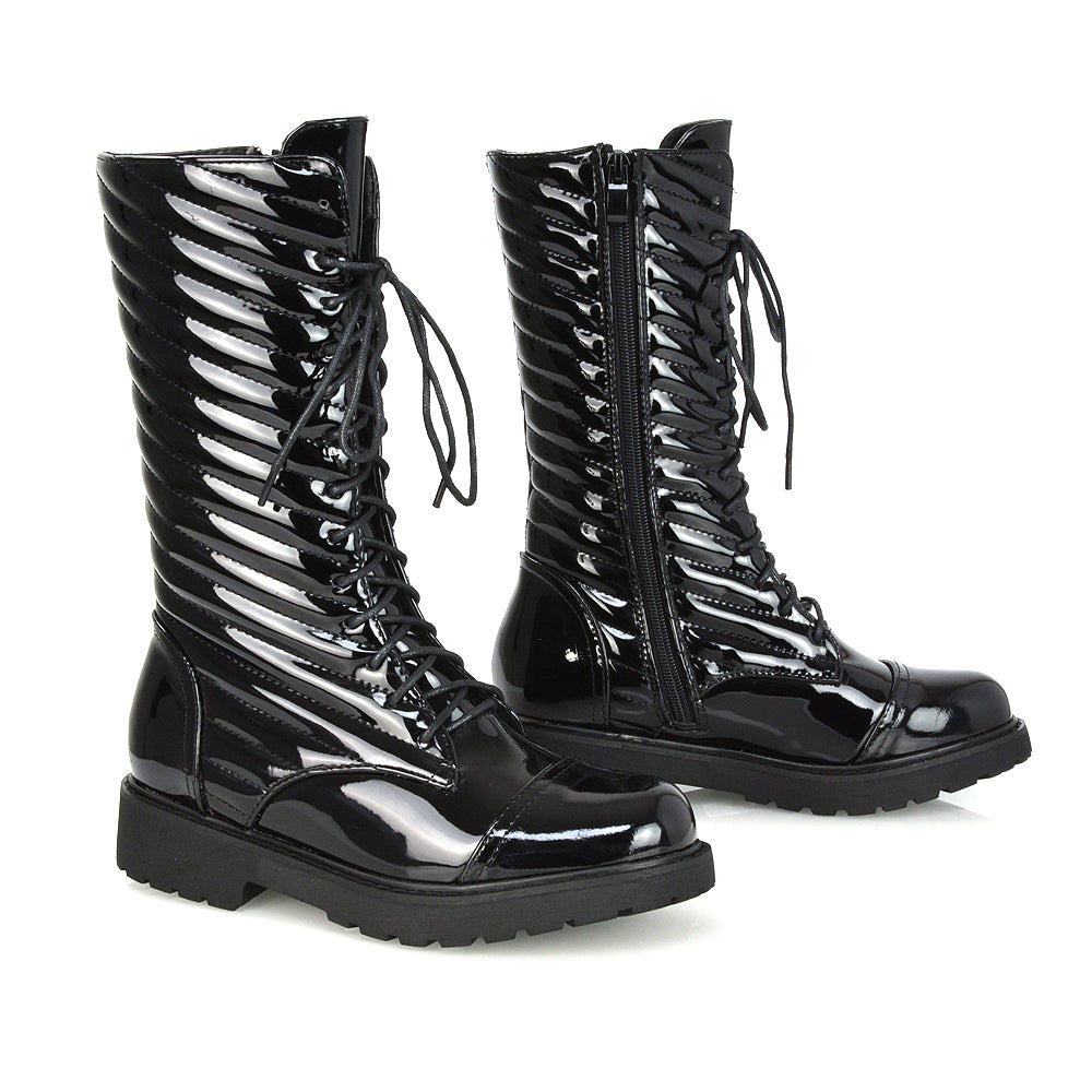 Meadow Padded Detail Zip-up Flat Biker Lace up Ankle Combat Boots in Black Synthetic Leather