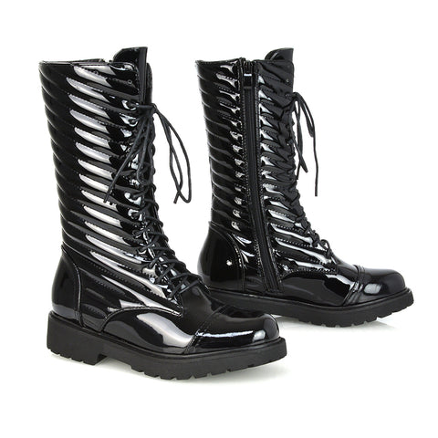 Meadow Padded Detail Zip-up Flat Biker Lace up Ankle Combat Boots in Black Patent