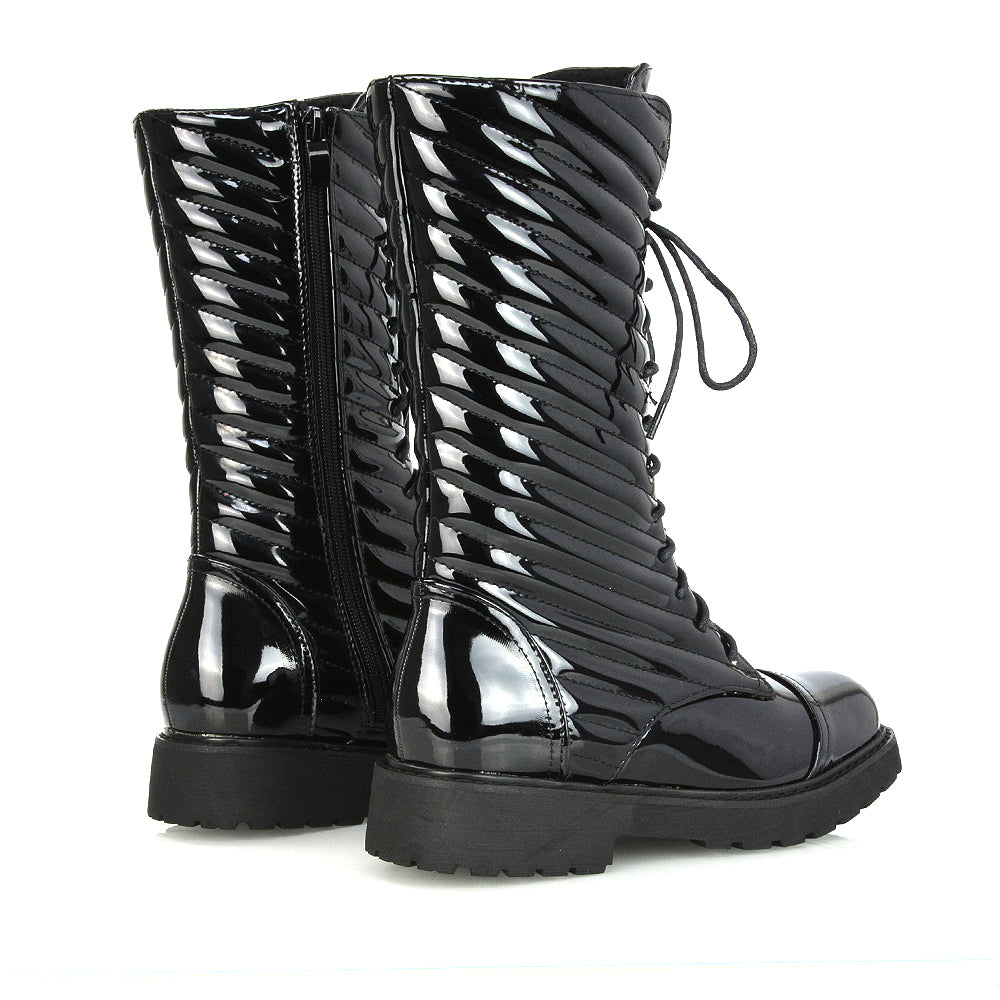 Meadow Padded Detail Zip-up Flat Biker Lace up Ankle Combat Boots in Black Patent