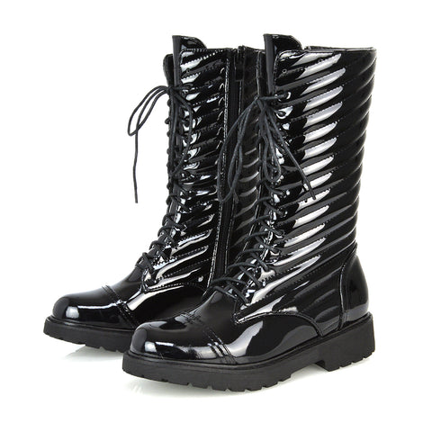 Meadow Padded Detail Zip-up Flat Biker Lace up Ankle Combat Boots in Black Synthetic Leather