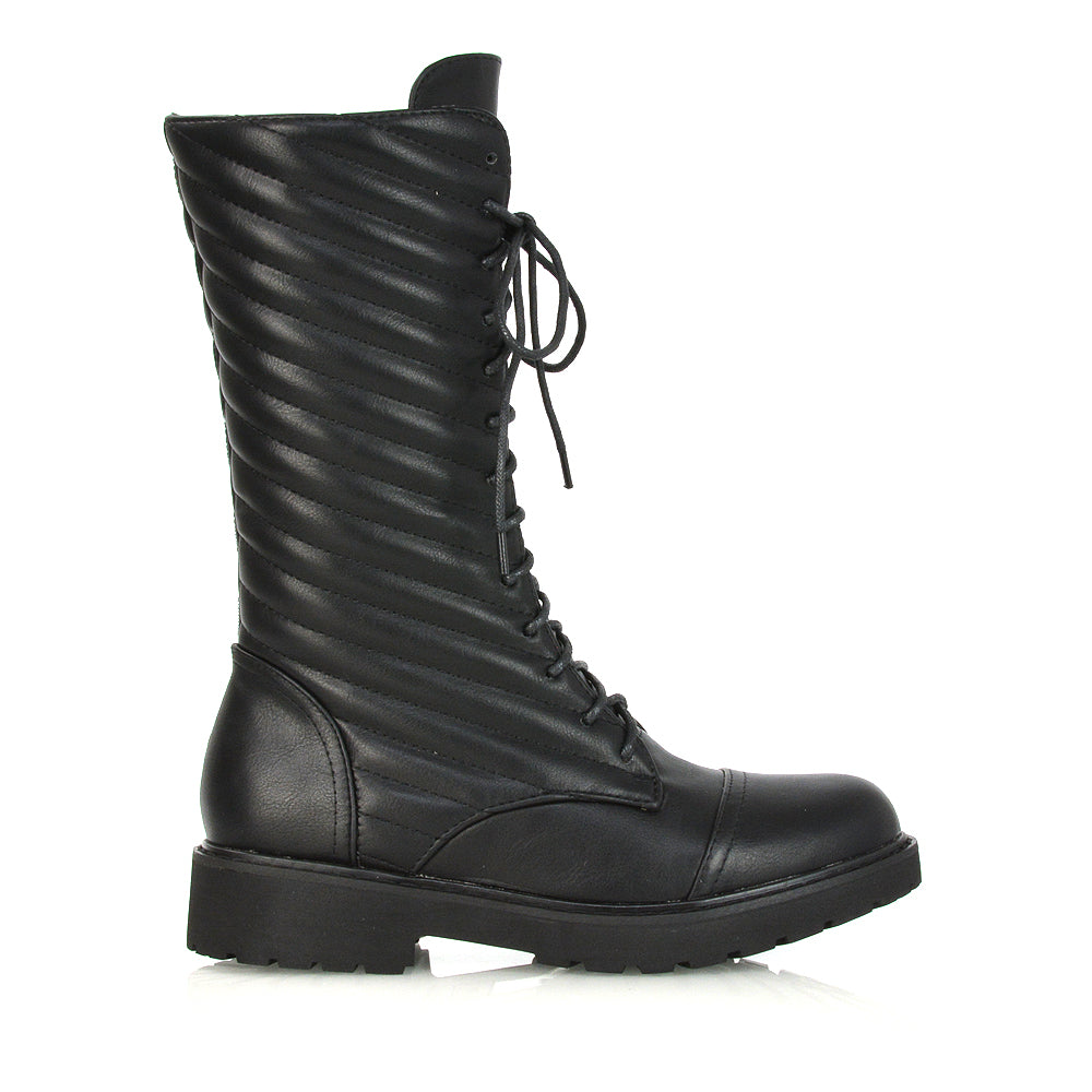 Meadow Padded Detail Zip-up Flat Biker Lace up Ankle Combat Boots in Black Patent