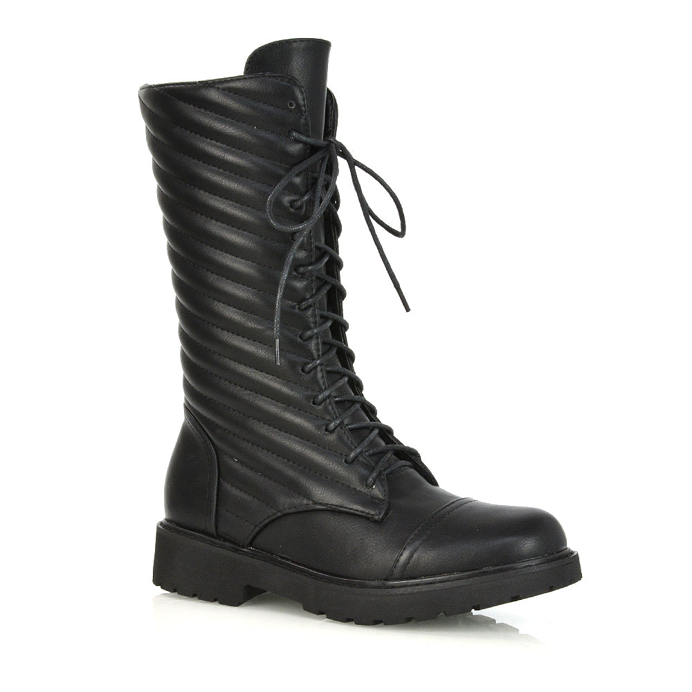 Meadow Padded Detail Zip-up Flat Biker Lace up Ankle Combat Boots in Black Patent