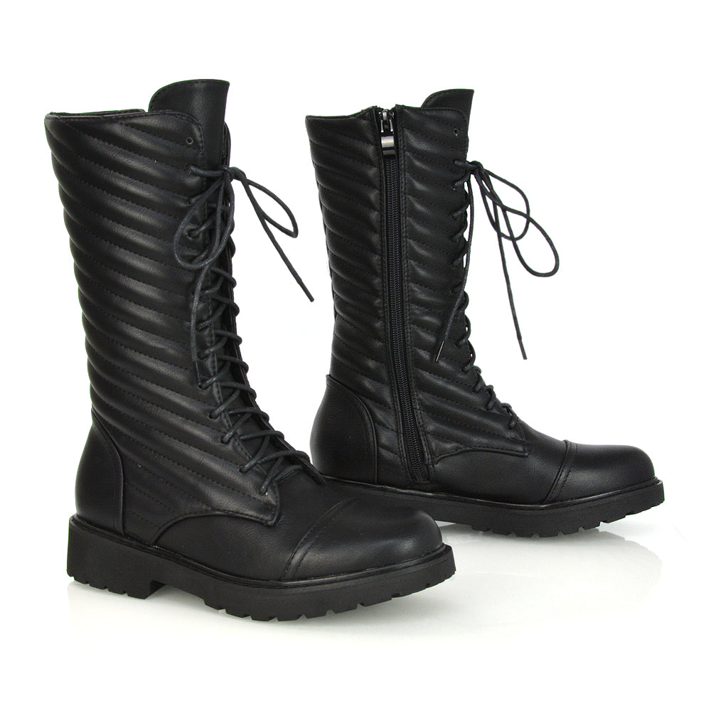 Meadow Padded Detail Zip-up Flat Biker Lace up Ankle Combat Boots in Black Synthetic Leather