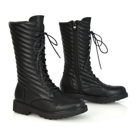 Meadow Padded Detail Zip-up Flat Biker Lace up Ankle Combat Boots in Black Patent