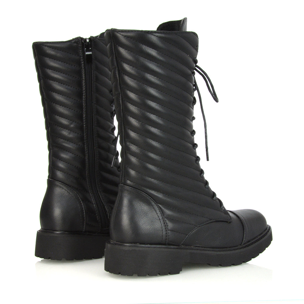 Meadow Padded Detail Zip-up Flat Biker Lace up Ankle Combat Boots in Black Synthetic Leather