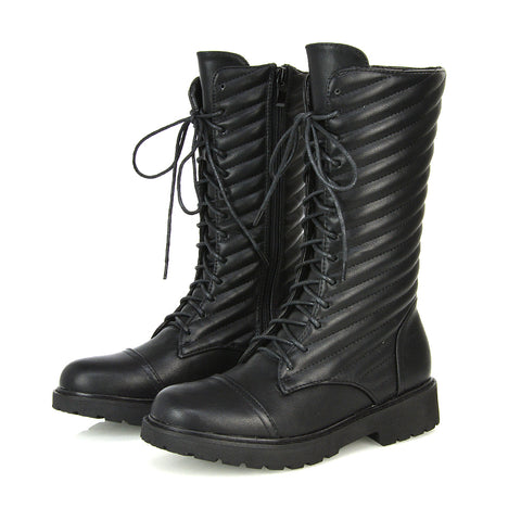 Meadow Padded Detail Zip-up Flat Biker Lace up Ankle Combat Boots in Black Patent