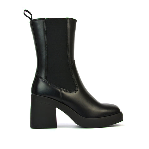 Karina Chunky Mid Block Heel Elasticated Platform Chelsea Ankle Boots in Black Synthetic Leather