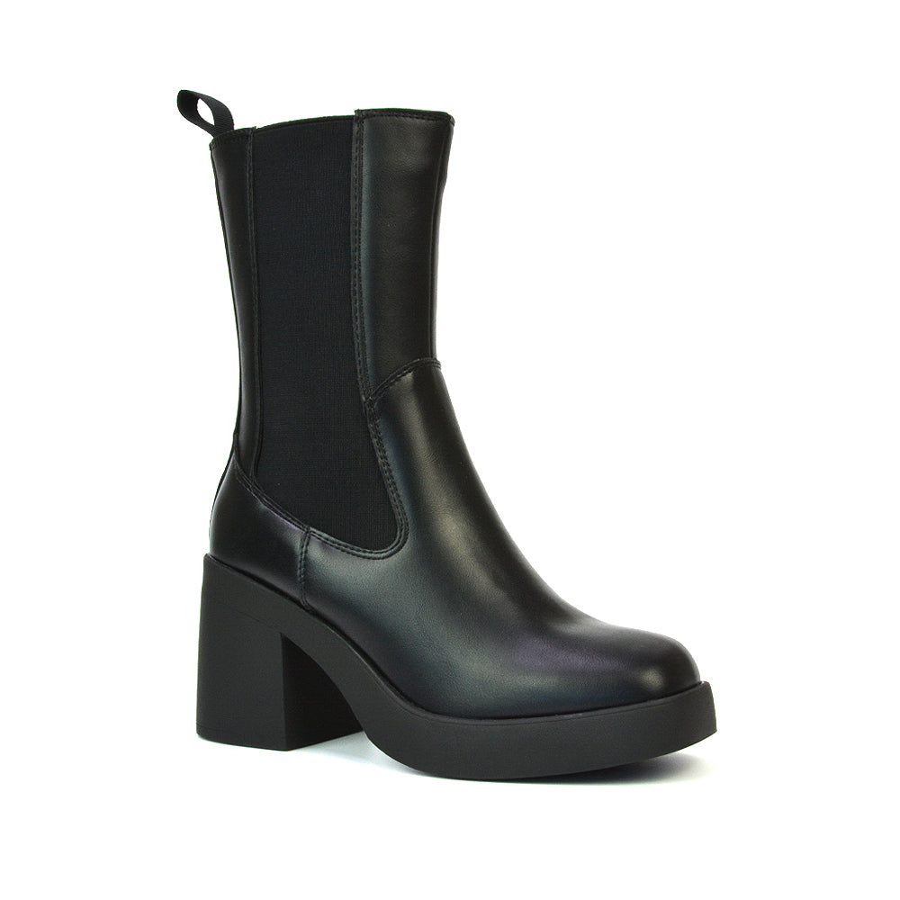 Karina Chunky Mid Block Heel Elasticated Platform Chelsea Ankle Boots in Black Synthetic Leather