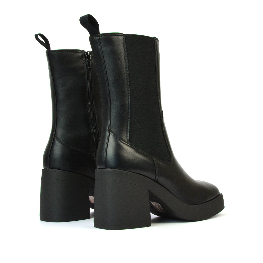 Karina Chunky Mid Block Heel Elasticated Platform Chelsea Ankle Boots in Black Synthetic Leather