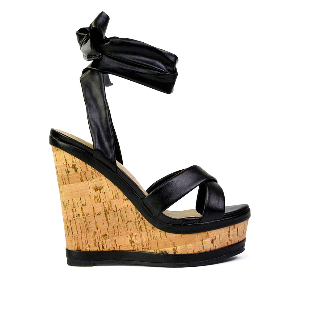 Kammie Lace Up Strappy Cork Wedge Heel Sandals Platform Shoes in Black