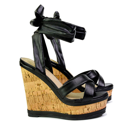 Kammie Lace Up Strappy Cork Wedge Heel Sandals Platform Shoes in Black