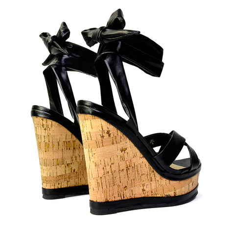 Kammie Lace Up Strappy Cork Wedge Heel Sandals Platform Shoes in Gold