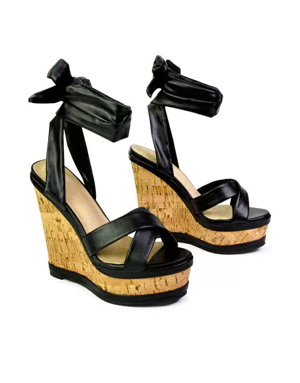 Kammie Lace Up Strappy Cork Wedge Heel Sandals Platform Shoes in Gold