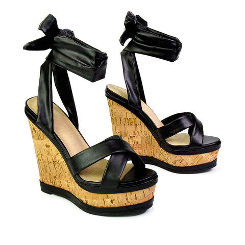 Kammie Lace Up Strappy Cork Wedge Heel Sandals Platform Shoes in Black