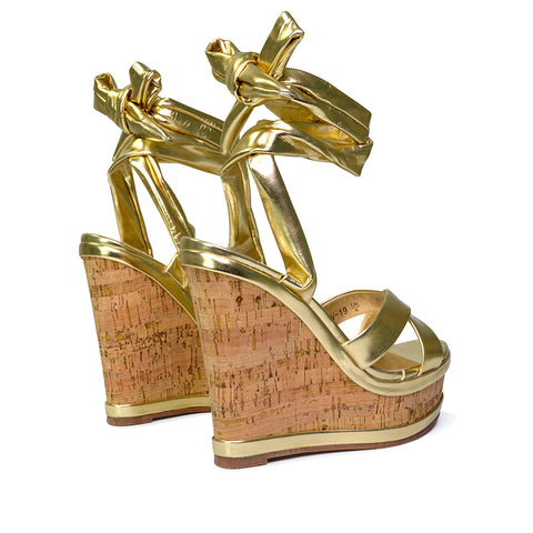 Kammie Lace Up Strappy Cork Wedge Heel Sandals Platform Shoes in Gold