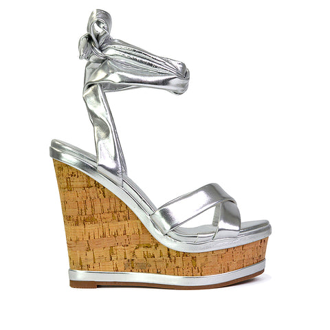 Kammie Lace Up Strappy Cork Wedge Heel Sandals Platform Shoes in White