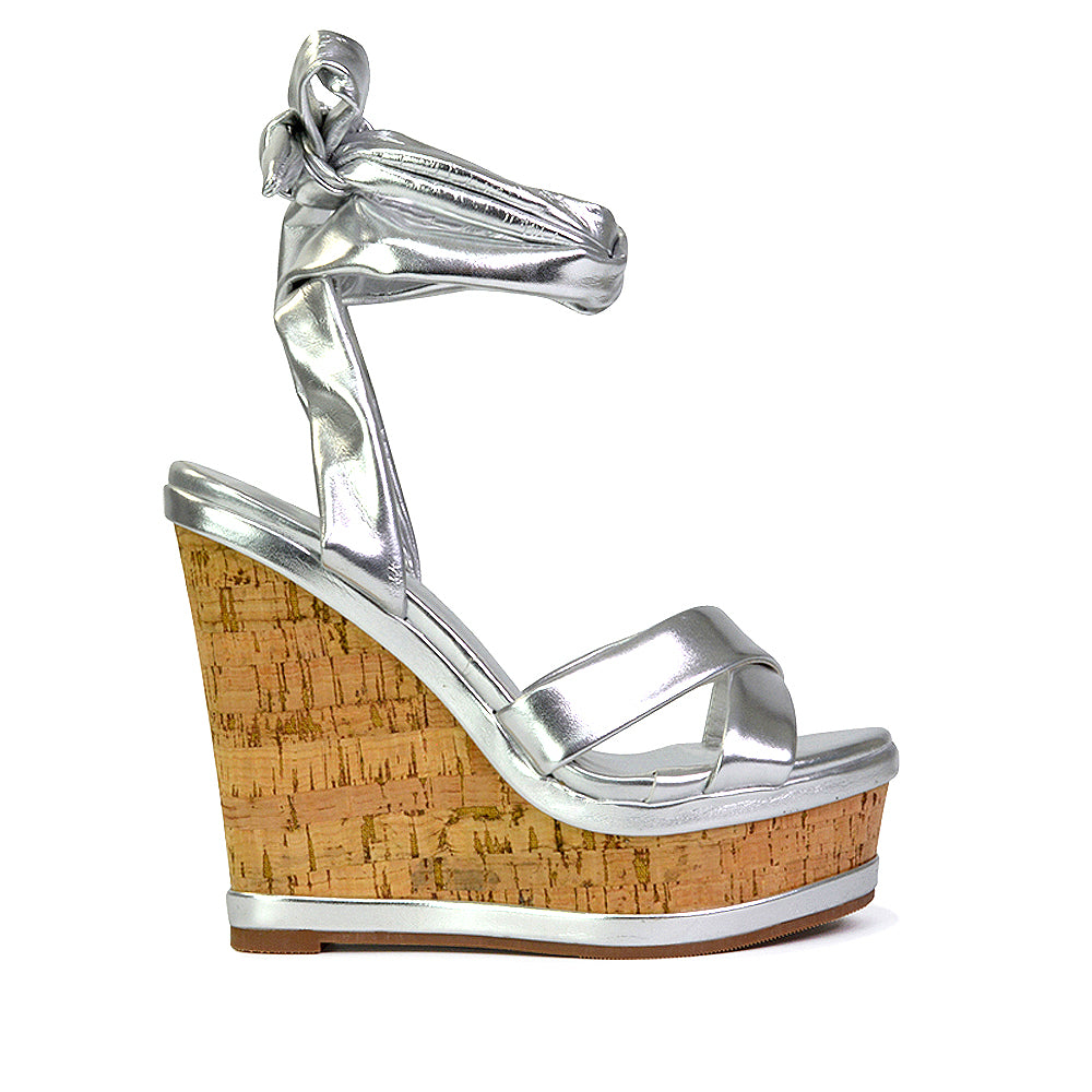 Kammie Lace Up Strappy Cork Wedge Heel Sandals Platform Shoes in Gold