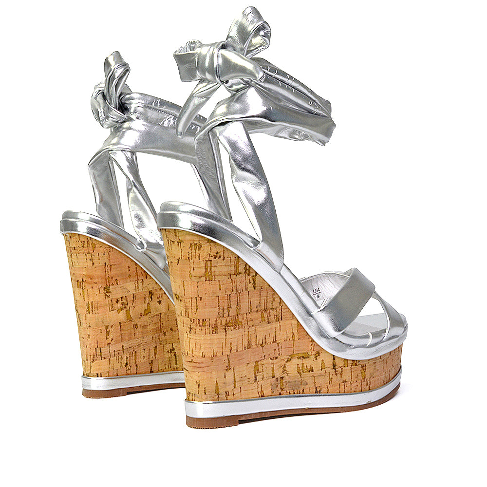 Kammie Lace Up Strappy Cork Wedge Heel Sandals Platform Shoes in White