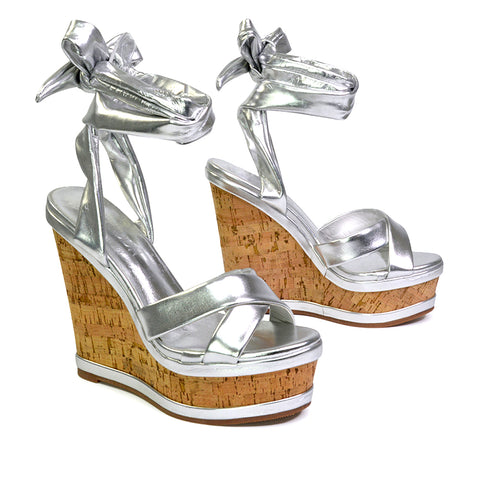 Kammie Lace Up Strappy Cork Wedge Heel Sandals Platform Shoes in White