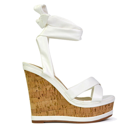 Kammie Lace Up Strappy Cork Wedge Heel Sandals Platform Shoes in White