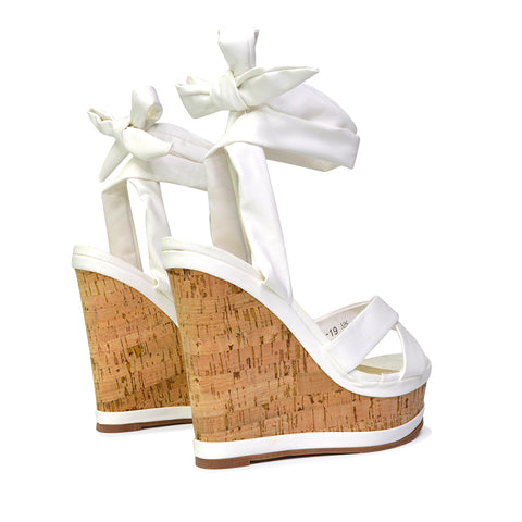 Kammie Lace Up Strappy Cork Wedge Heel Sandals Platform Shoes in White