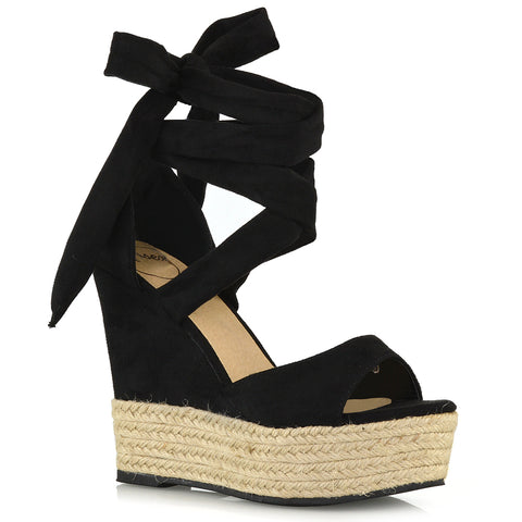 Sansa Strappy Lace up Woven Effect Platform High Heel Sandal Wedges In Denim