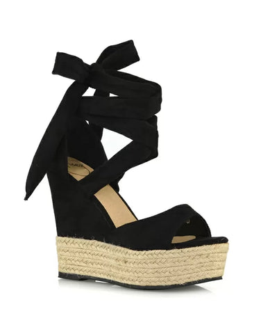 Sansa Strappy Lace up Woven Effect Platform High Heel Sandal Wedges In Denim