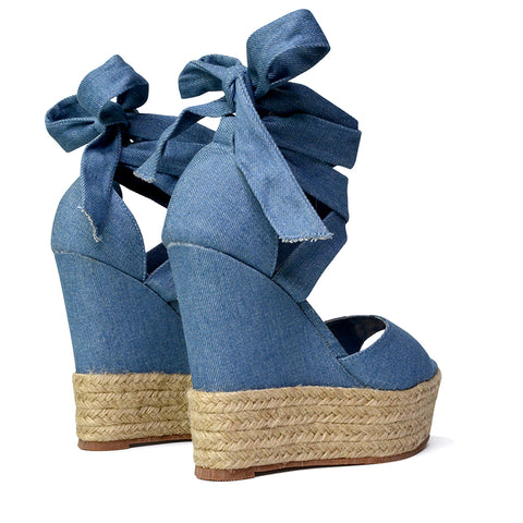 Sansa Strappy Lace up Woven Effect Platform High Heel Sandal Wedges In Denim