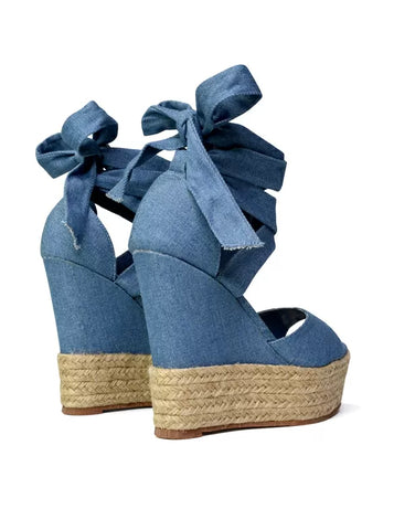 denim lace up wedges