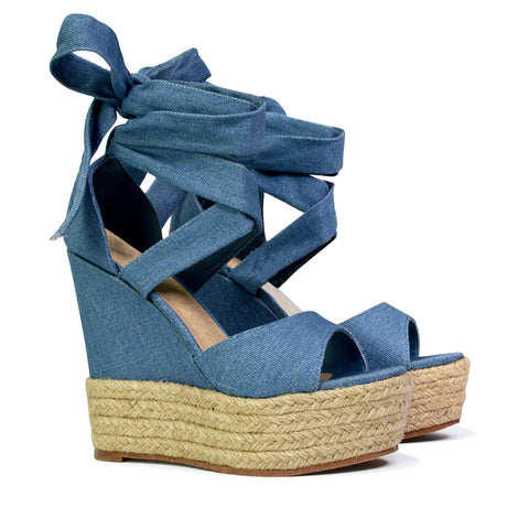 Sansa Strappy Lace up Woven Effect Platform High Heel Sandal Wedges In Denim