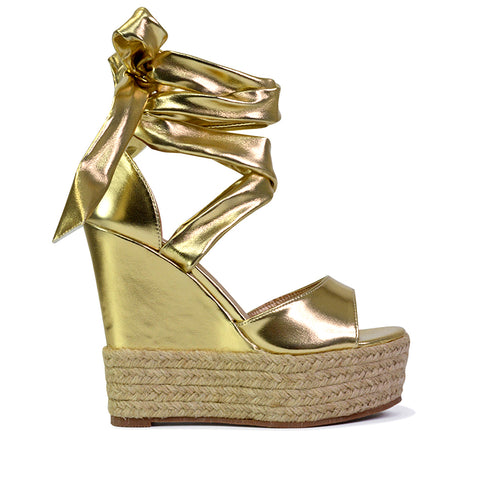 Sansa Strappy Lace up Woven Effect Platform High Heel Sandal Wedges In Gold