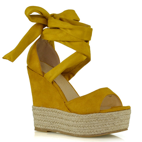 Sansa Strappy Lace up Woven Effect Platform High Heel Sandal Wedges In Denim